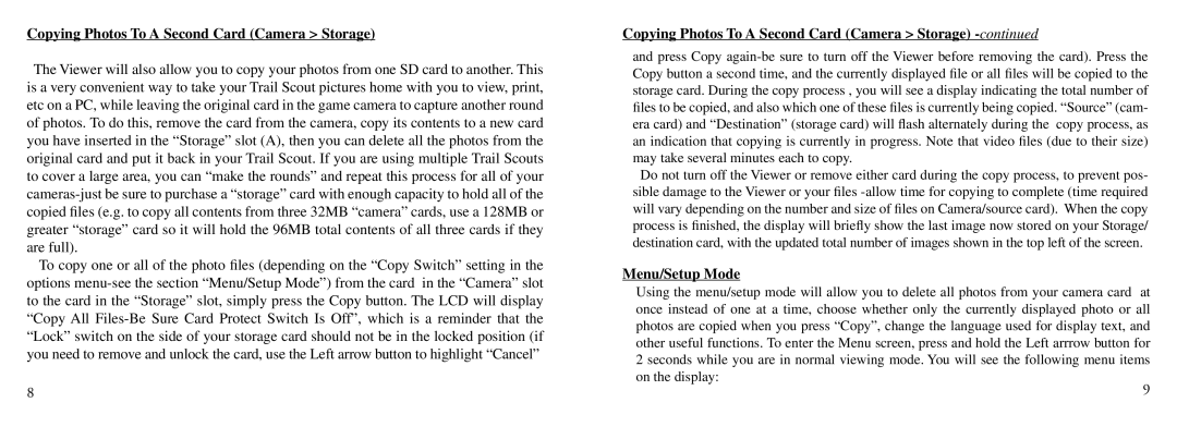 Bushnell Nov-00 instruction manual Copying Photos To a Second Card Camera Storage, Menu/Setup Mode 