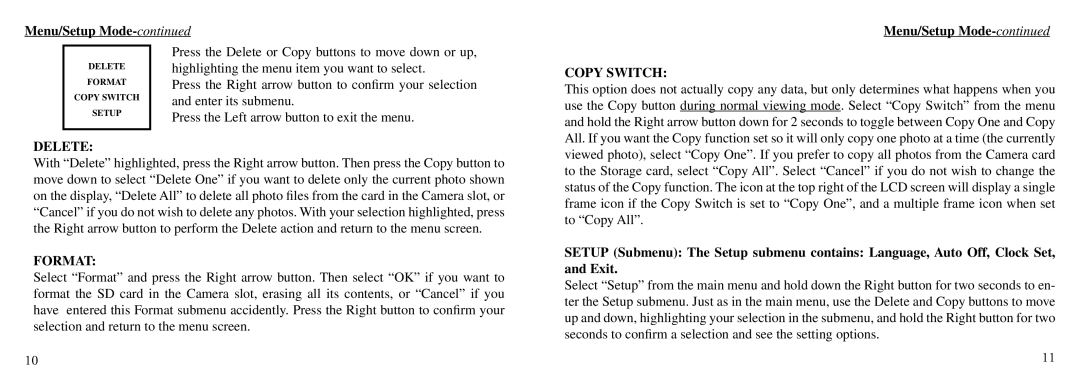 Bushnell Nov-00 instruction manual Copy Switch, Delete, Format 