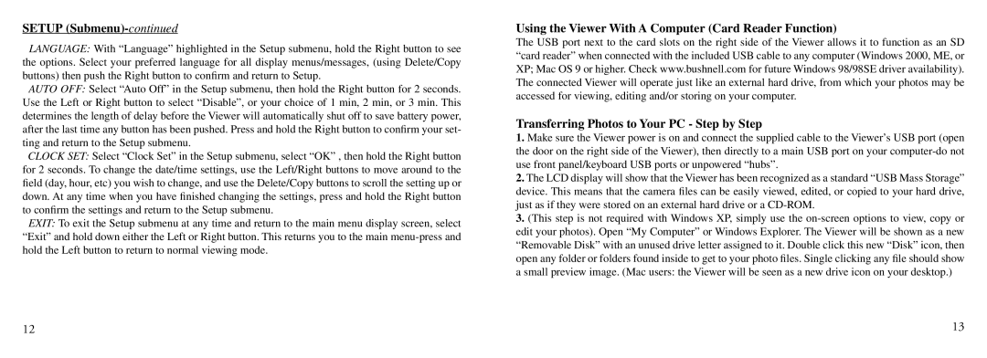 Bushnell Nov-00 instruction manual Setup Submenu 