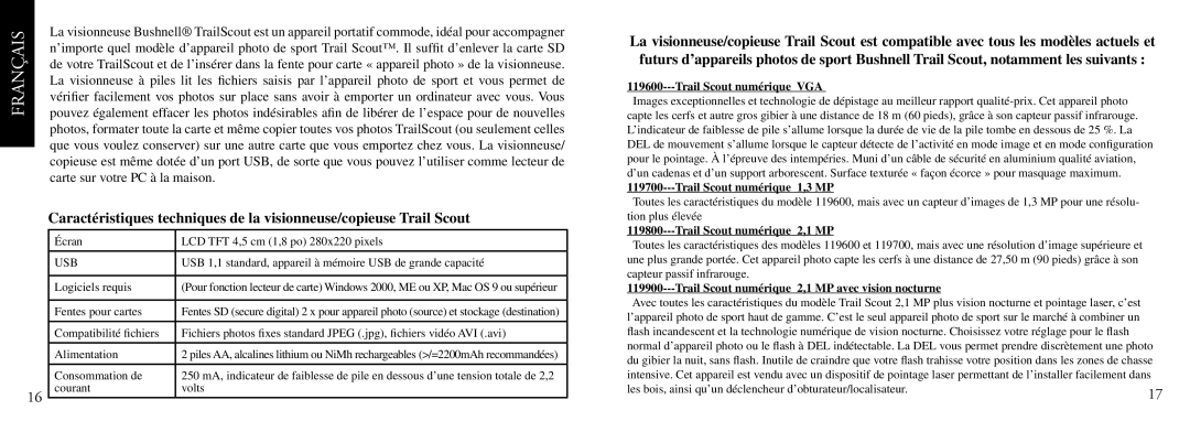 Bushnell Nov-00 instruction manual Trail Scout numérique VGA, Trail Scout numérique 1,3 MP, Trail Scout numérique 2,1 MP 