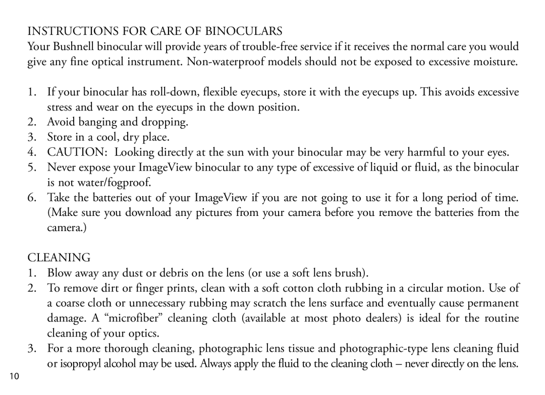 Bushnell Nov-00 manual Instructions for Care of Binoculars, Cleaning 