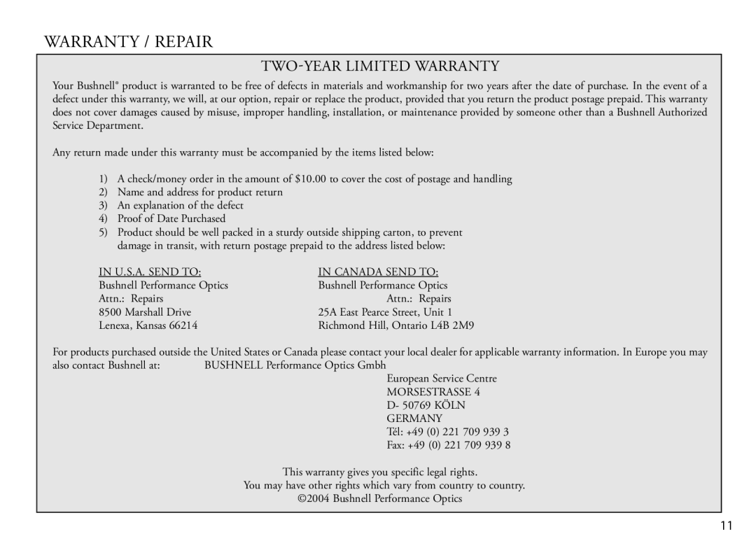 Bushnell Nov-00 manual Warranty / Repair, TWO-YEAR Limited Warranty 