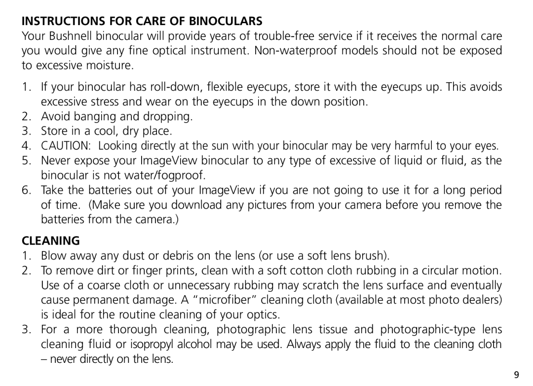 Bushnell Nov-00 manual Instructions for Care of Binoculars, Cleaning 