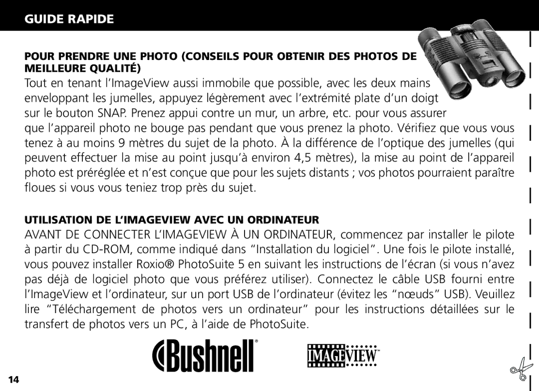 Bushnell Nov-00 manual Guide Rapide, Utilisation DE L’IMAGEVIEW Avec UN Ordinateur 