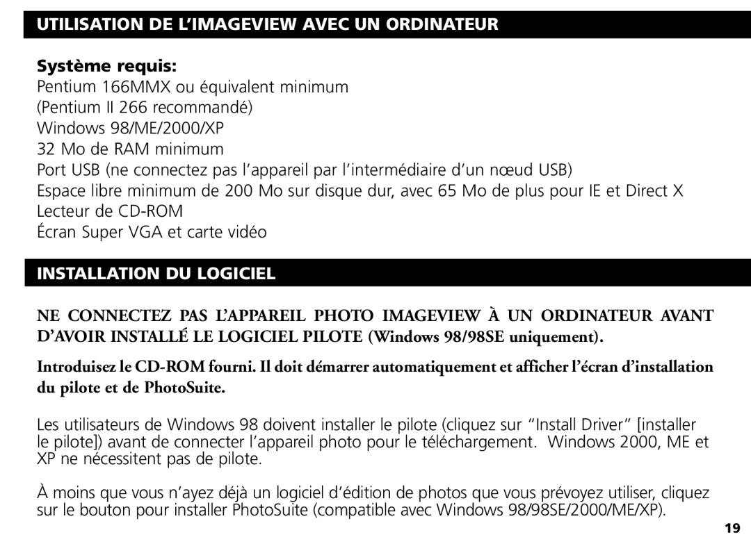 Bushnell Nov-00 manual Utilisation DE L’IMAGEVIEW Avec UN Ordinateur, Système requis, Installation DU Logiciel 