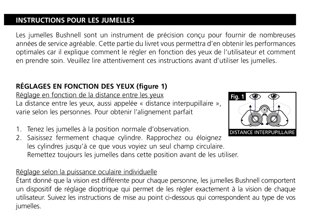 Bushnell Nov-00 manual Réglages EN Fonction DES Yeux figure, Réglage en fonction de la distance entre les yeux 