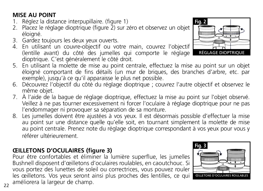 Bushnell Nov-00 manual Mise AU Point, Œilletons D’OCULAIRES figure 