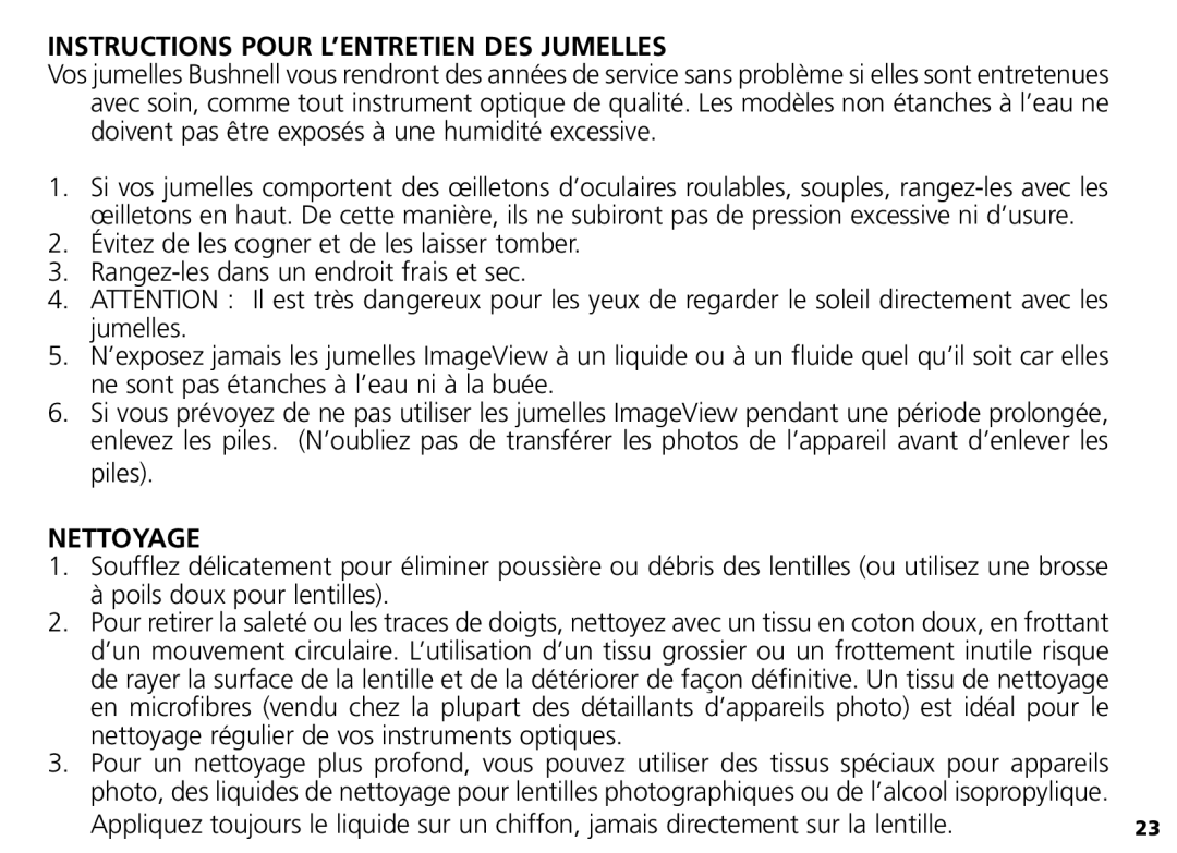 Bushnell Nov-00 manual Instructions Pour L’ENTRETIEN DES Jumelles, Nettoyage 