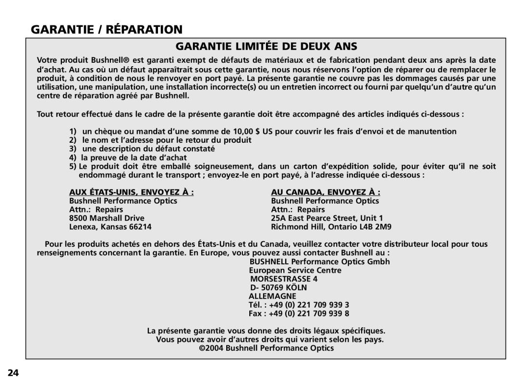 Bushnell Nov-00 manual Garantie / Réparation, Garantie Limitée DE Deux ANS 