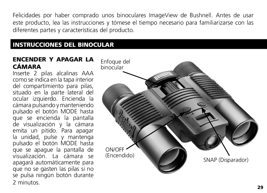 Bushnell Nov-00 manual Instrucciones DEL Binocular, Encender Y Apagar LA Cámara 