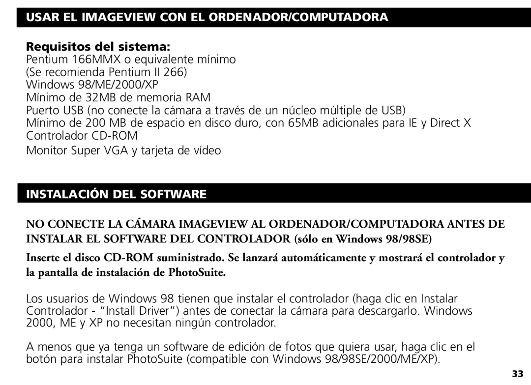 Bushnell Nov-00 manual Usar EL Imageview CON EL ORDENADOR/COMPUTADORA, Requisitos del sistema, Instalación DEL Software 