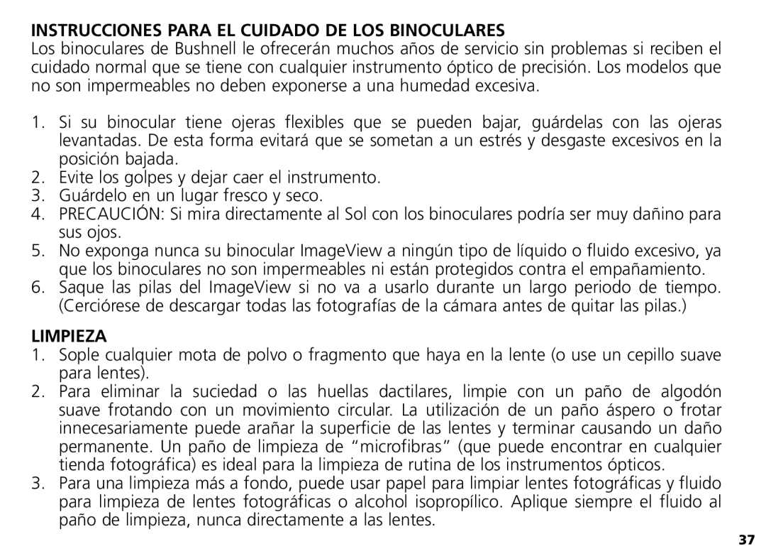 Bushnell Nov-00 manual Instrucciones Para EL Cuidado DE LOS Binoculares, Limpieza 