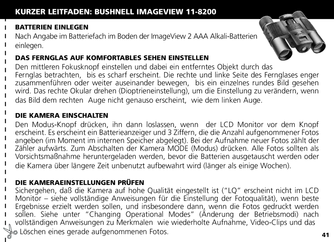 Bushnell Nov-00 manual Kurzer Leitfaden Bushnell Imageview, Löschen eines gerade aufgenommenen Fotos 