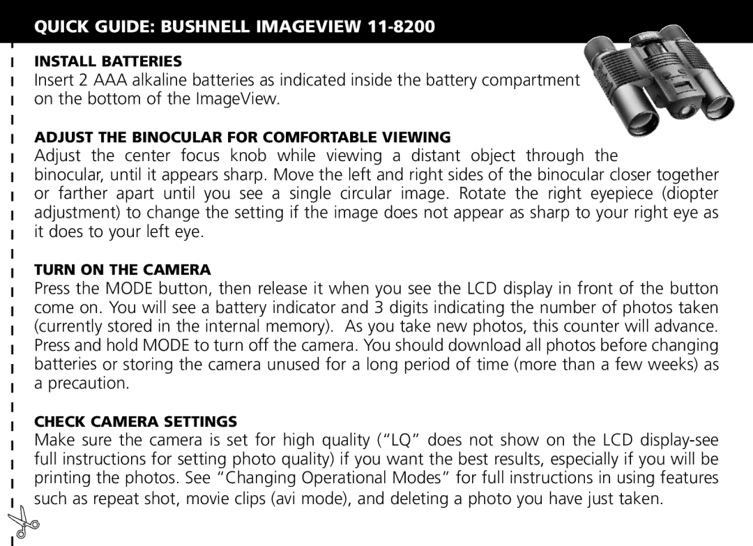 Bushnell Nov-00 manual Quick Guide Bushnell Imageview, Install Batteries, Adjust the Binocular for Comfortable Viewing 