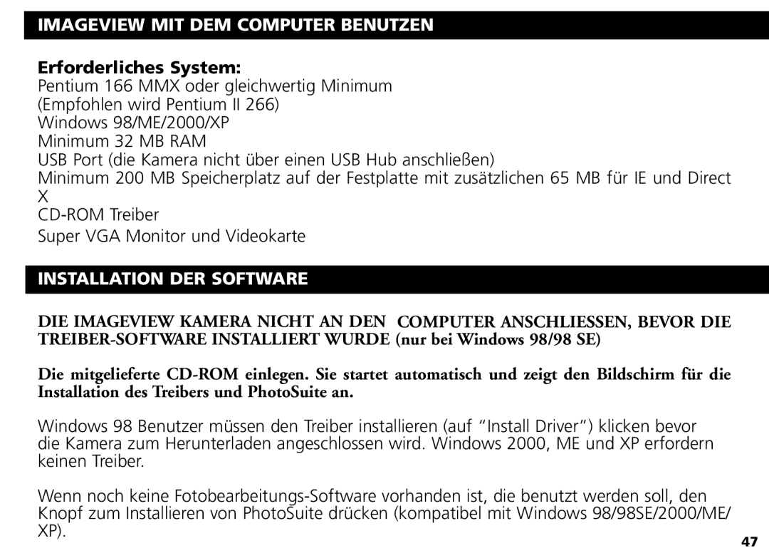 Bushnell Nov-00 manual Imageview MIT DEM Computer Benutzen, Erforderliches System, Installation DER Software 