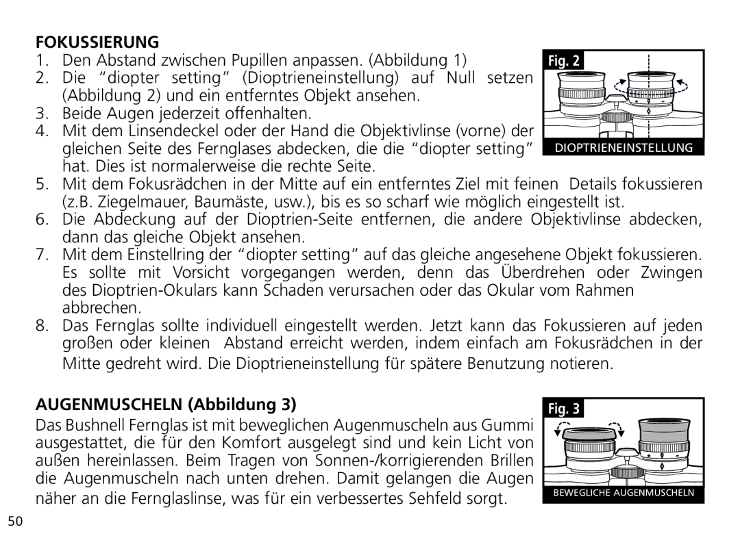 Bushnell Nov-00 manual Fokussierung, Augenmuscheln Abbildung 