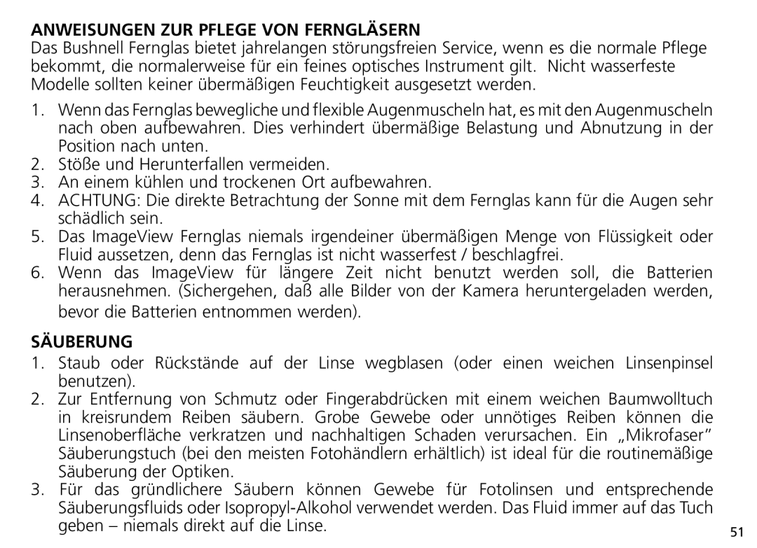 Bushnell Nov-00 manual Anweisungen ZUR Pflege VON Ferngläsern, Säuberung 