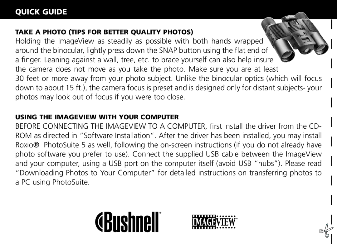 Bushnell Nov-00 manual Quick Guide, Take a Photo Tips for Better Quality Photos, Using the Imageview with Your Computer 