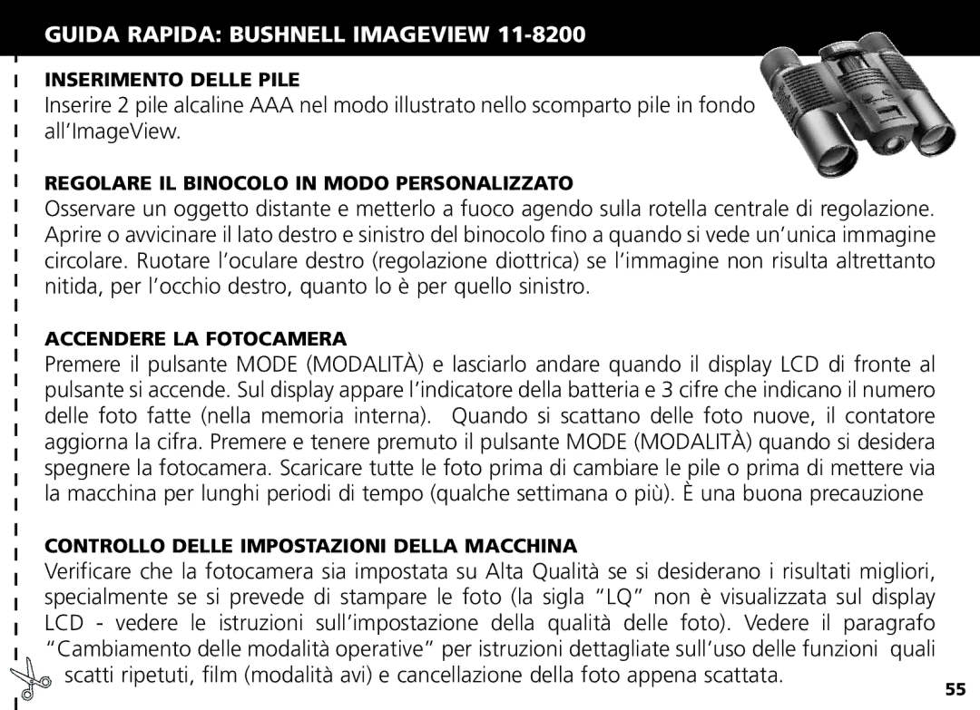 Bushnell Nov-00 manual Guida Rapida Bushnell Imageview, Inserimento Delle Pile, Regolare IL Binocolo in Modo Personalizzato 