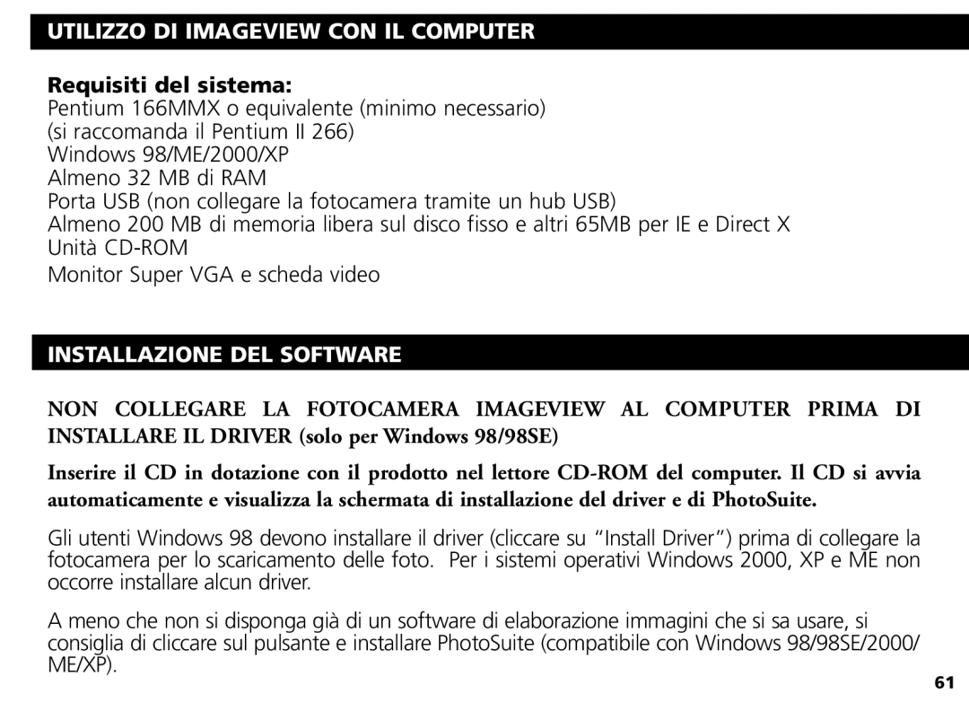 Bushnell Nov-00 manual Utilizzo DI Imageview CON IL Computer, Requisiti del sistema, Installazione DEL Software 