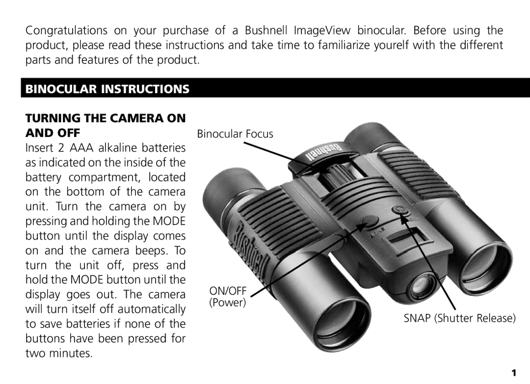 Bushnell Nov-00 manual Binocular Instructions, Turning the Camera on and OFF 