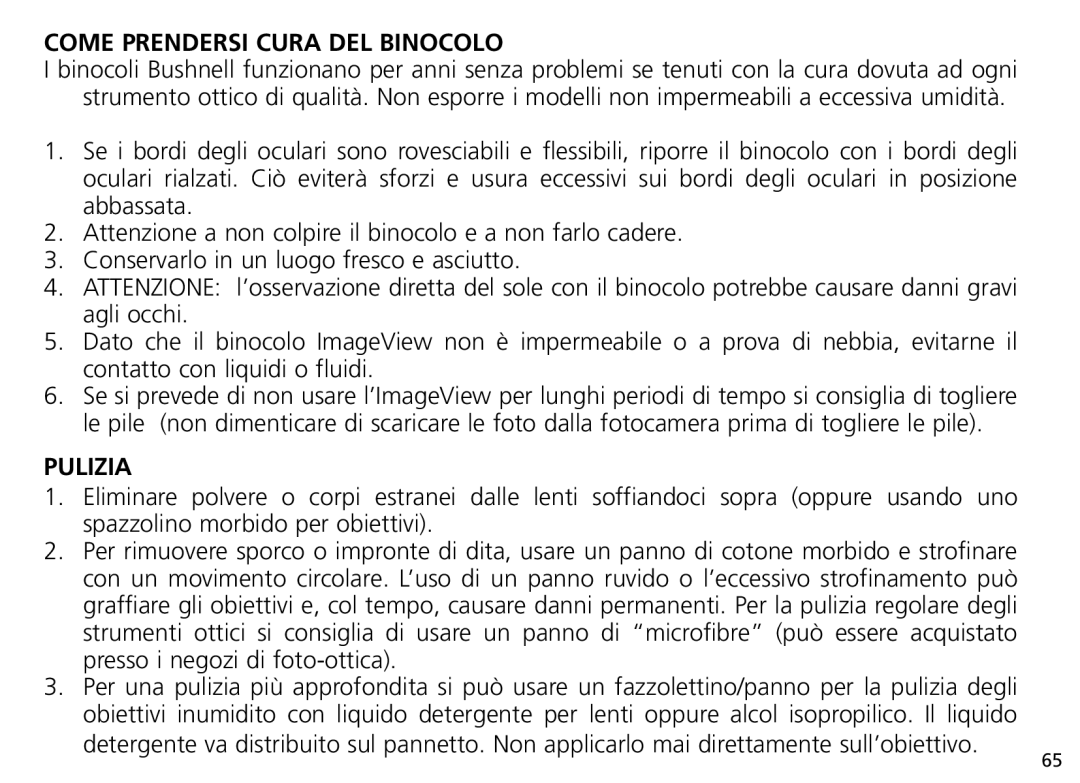 Bushnell Nov-00 manual Come Prendersi Cura DEL Binocolo, Pulizia 