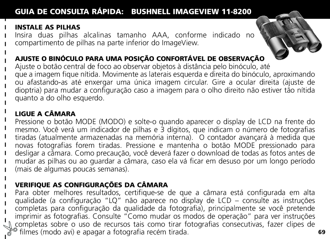 Bushnell Nov-00 manual Guia DE Consulta Rápida Bushnell Imageview, Instale AS Pilhas, Ligue a Câmara 