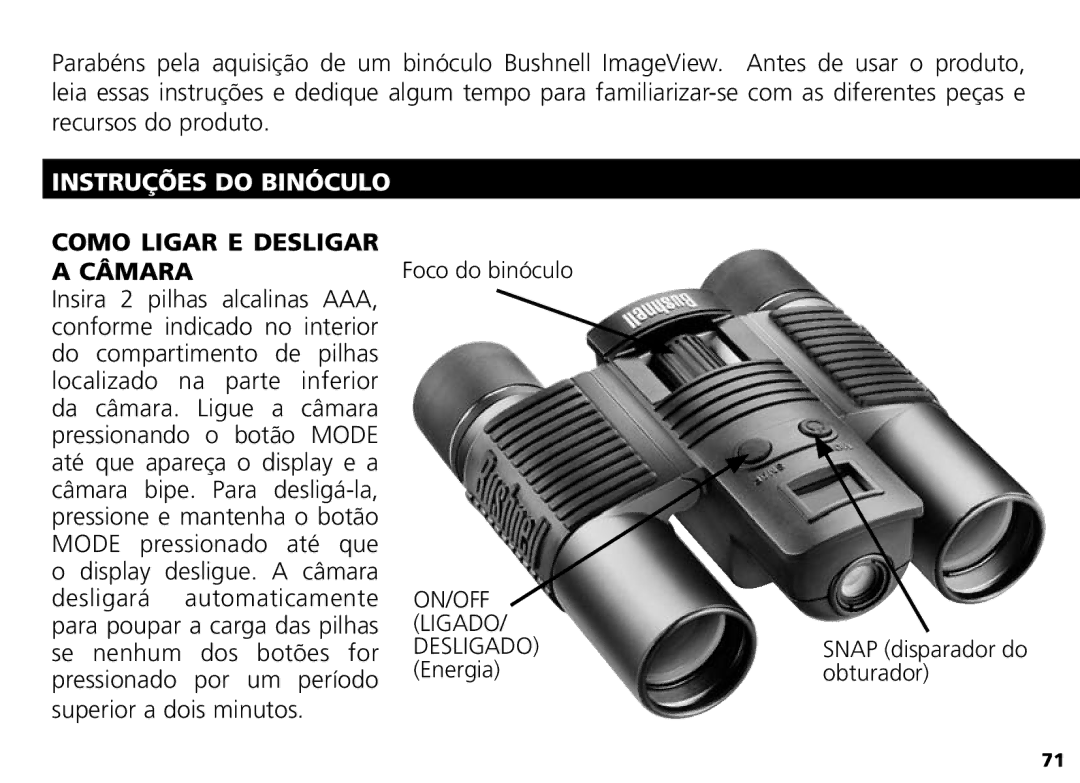 Bushnell Nov-00 manual Instruções do Binóculo, Como Ligar E Desligar Câmara 