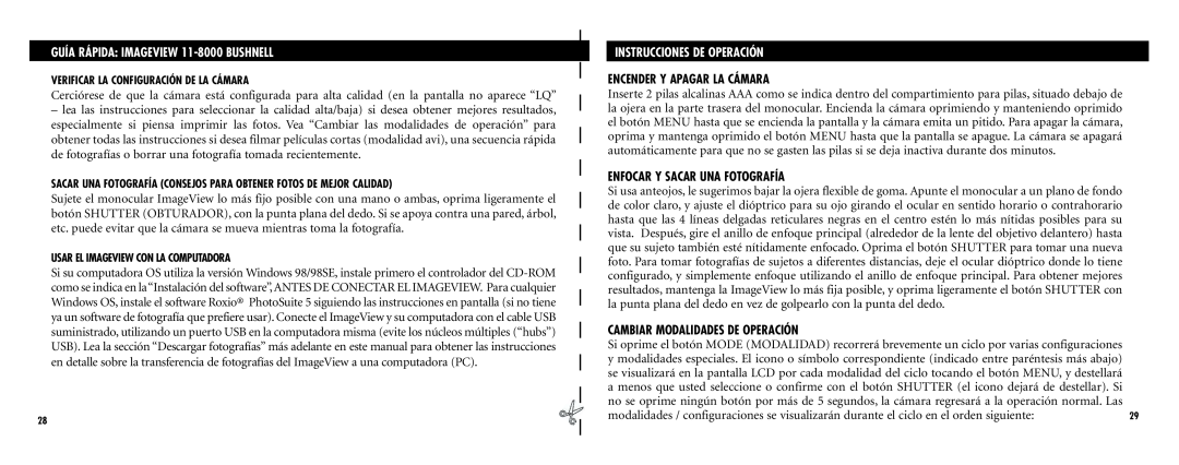 Bushnell Nov-00 instruction manual Instrucciones De Operación, Encender Y Apagar La Cámara, Enfocar Y Sacar Una Fotografía 