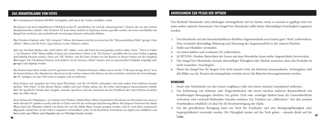 Bushnell Nov-00 instruction manual Das Herunterladne Von Fotos, Anweisungen Zur Pflege Der Optiken, Reinigung, Linse 