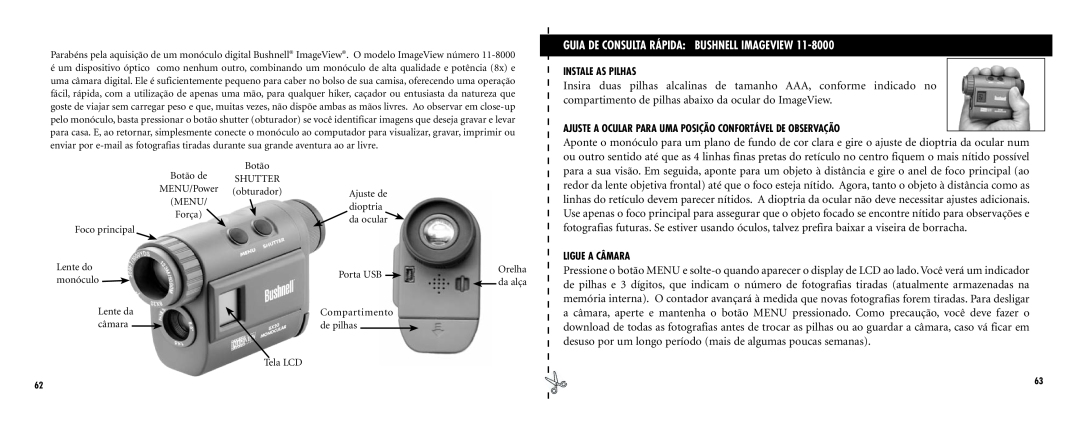 Bushnell Nov-00 instruction manual Guia De Consulta Rápida Bushnell Imageview, Instale As Pilhas, Ligue A Câmara 
