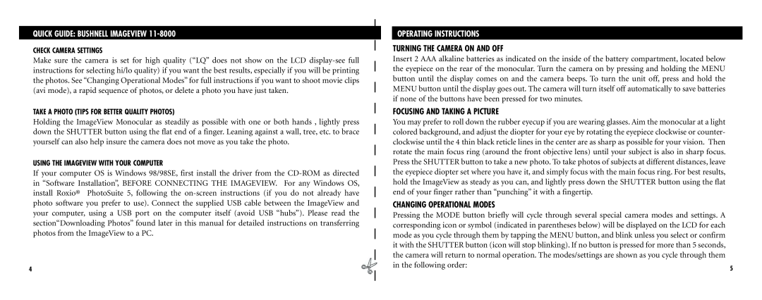 Bushnell Nov-00 instruction manual Operating Instructions, Turning The Camera On And Off, Focusing And Taking A Picture 