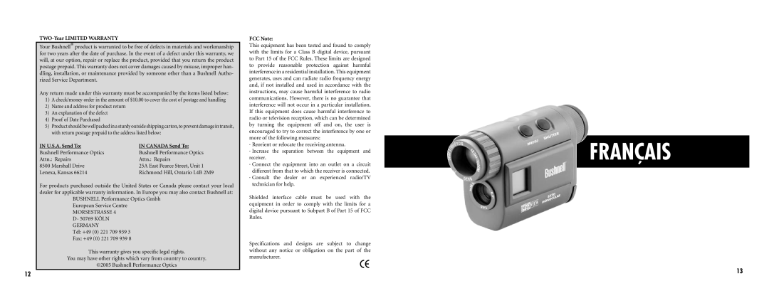 Bushnell Nov-00 instruction manual Français, TWO-Year LIMITED WARRANTY, IN U.S.A. Send To, IN CANADA Send To, FCC Note 