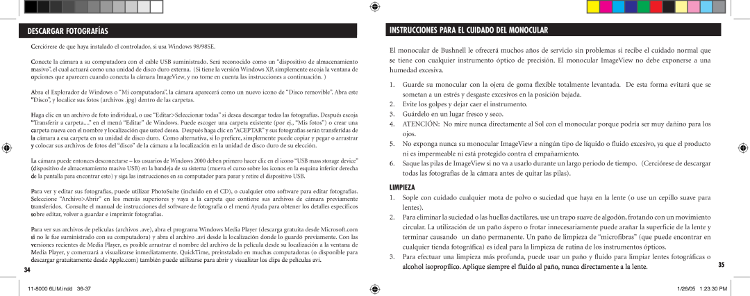 Bushnell Nov-00 instruction manual Descargar Fotografías, Instrucciones Para El Cuidado Del Monocular, Limpieza 