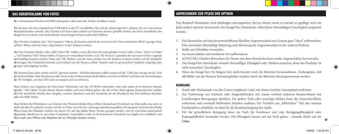 Bushnell Nov-00 instruction manual Das Herunterladne Von Fotos, Anweisungen Zur Pflege Der Optiken, Reinigung 