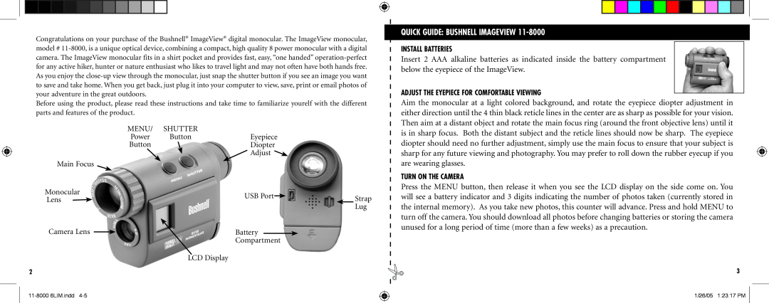 Bushnell Nov-00 Quick Guide Bushnell Imageview, Install Batteries, Adjust The Eyepiece For Comfortable Viewing 