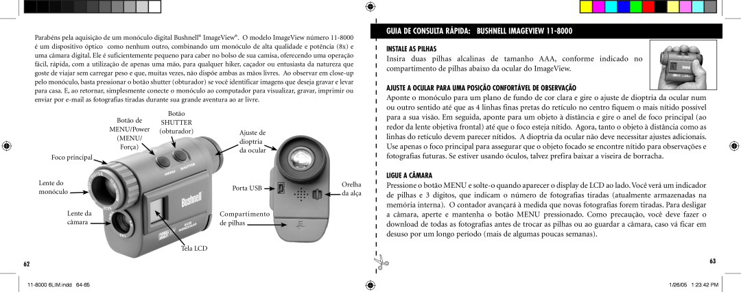 Bushnell Nov-00 instruction manual Guia De Consulta Rápida Bushnell Imageview, Instale As Pilhas, Ligue A Câmara 