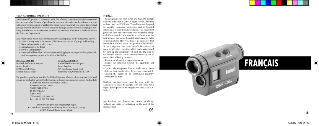 Bushnell Nov-00 instruction manual Français, TWO-Year LIMITED WARRANTY, IN U.S.A. Send To, IN CANADA Send To, FCC Note 