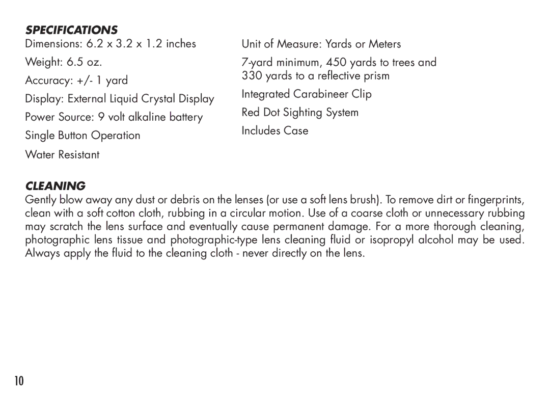 Bushnell PinPro, 98-1214/05-08 manual Specifications, Cleaning 
