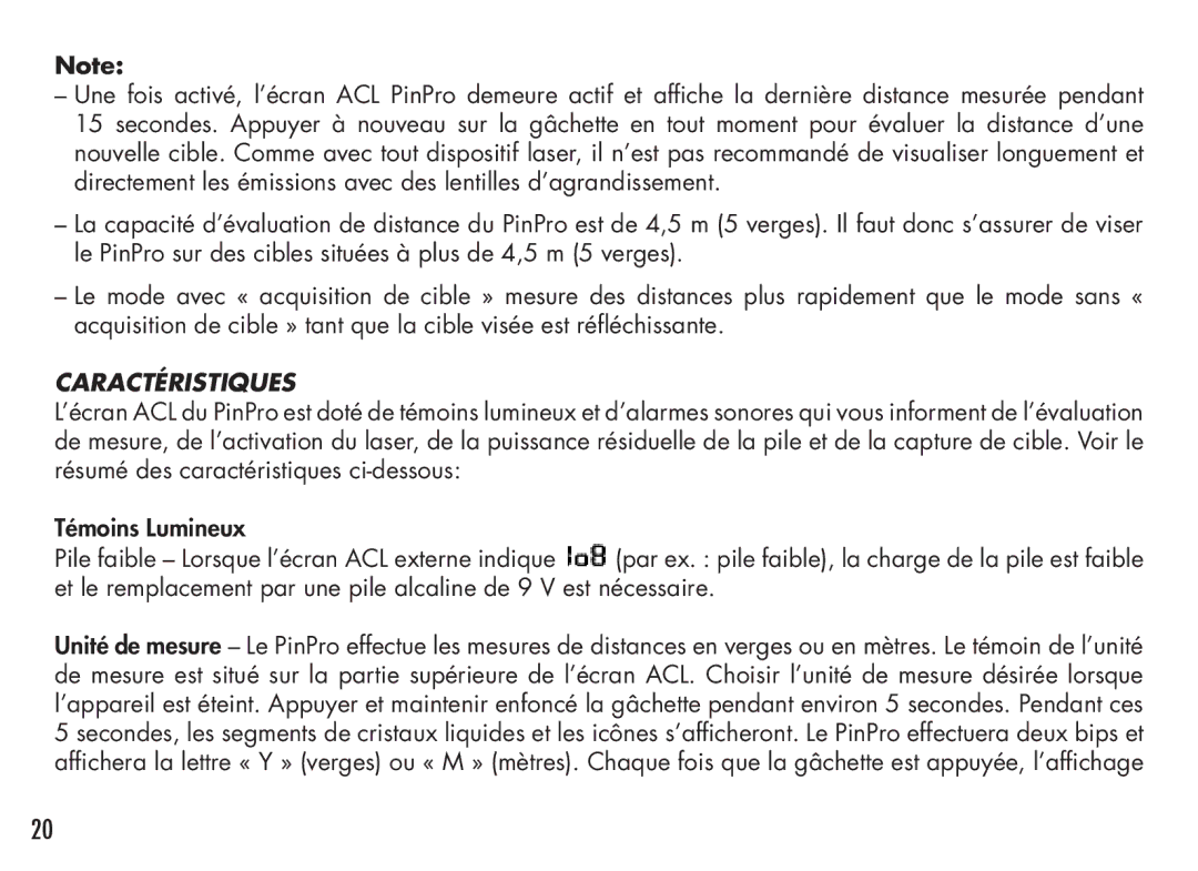 Bushnell PinPro, 98-1214/05-08 manual Caractéristiques 