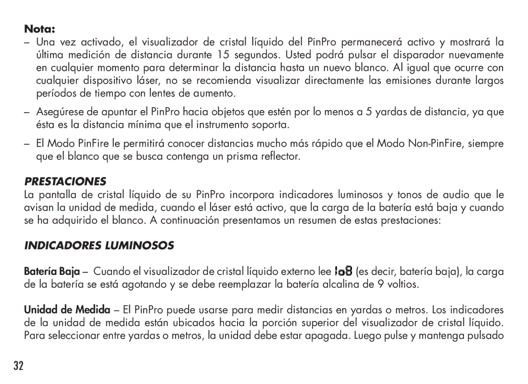 Bushnell PinPro, 98-1214/05-08 manual Prestaciones, Indicadores Luminosos 