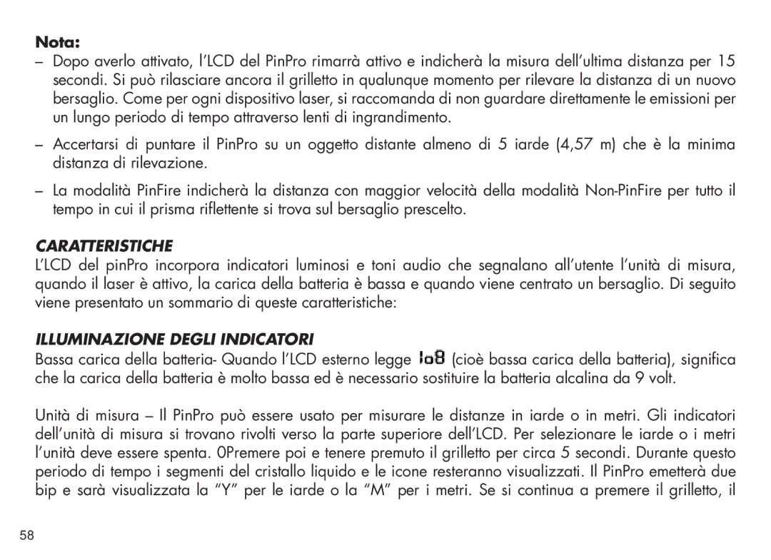 Bushnell PinPro, 98-1214/05-08 manual Caratteristiche, Illuminazione Degli Indicatori 