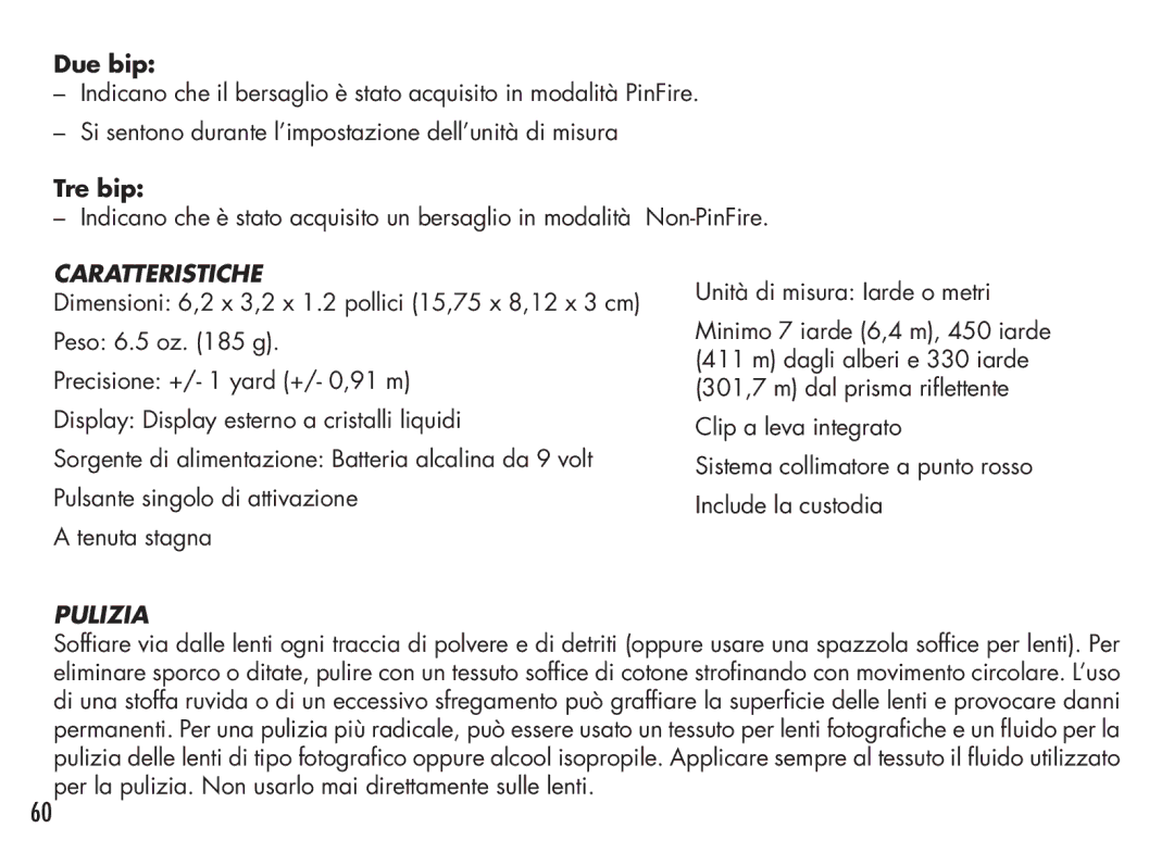 Bushnell PinPro, 98-1214/05-08 manual Due bip, Pulizia 