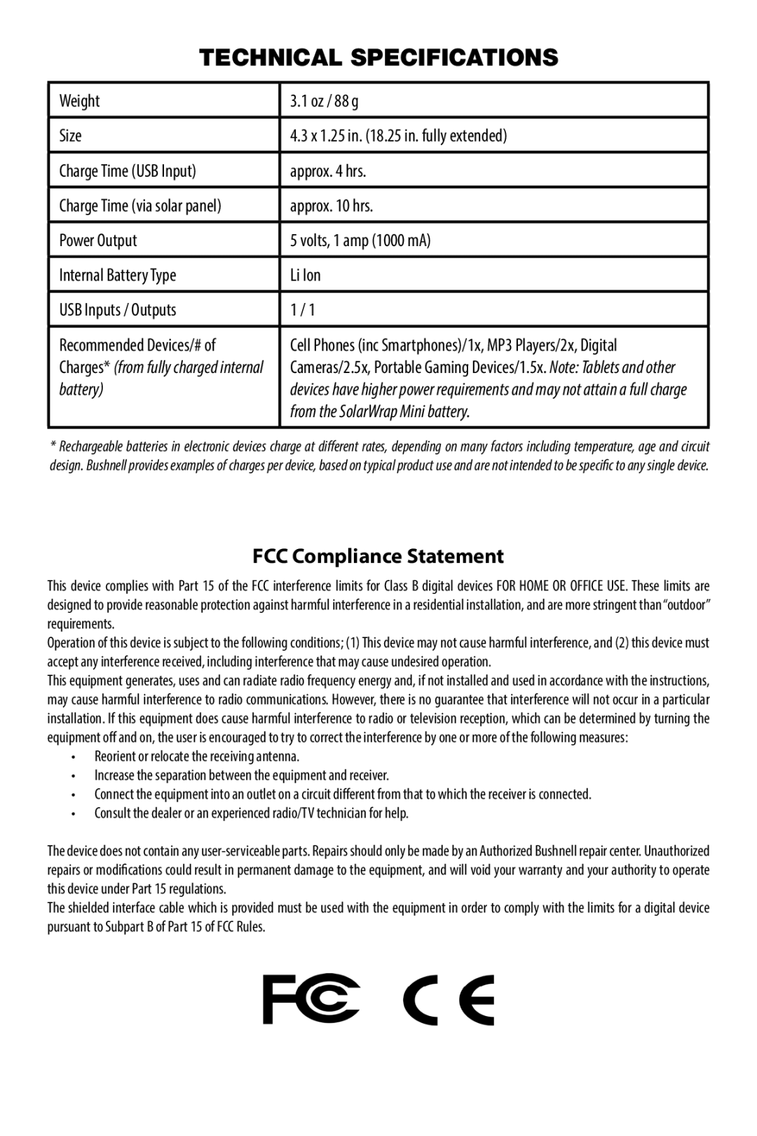 Bushnell PP1010BG quick start Technical Specifications, FCC Compliance Statement, Battery, From the SolarWrap Mini battery 