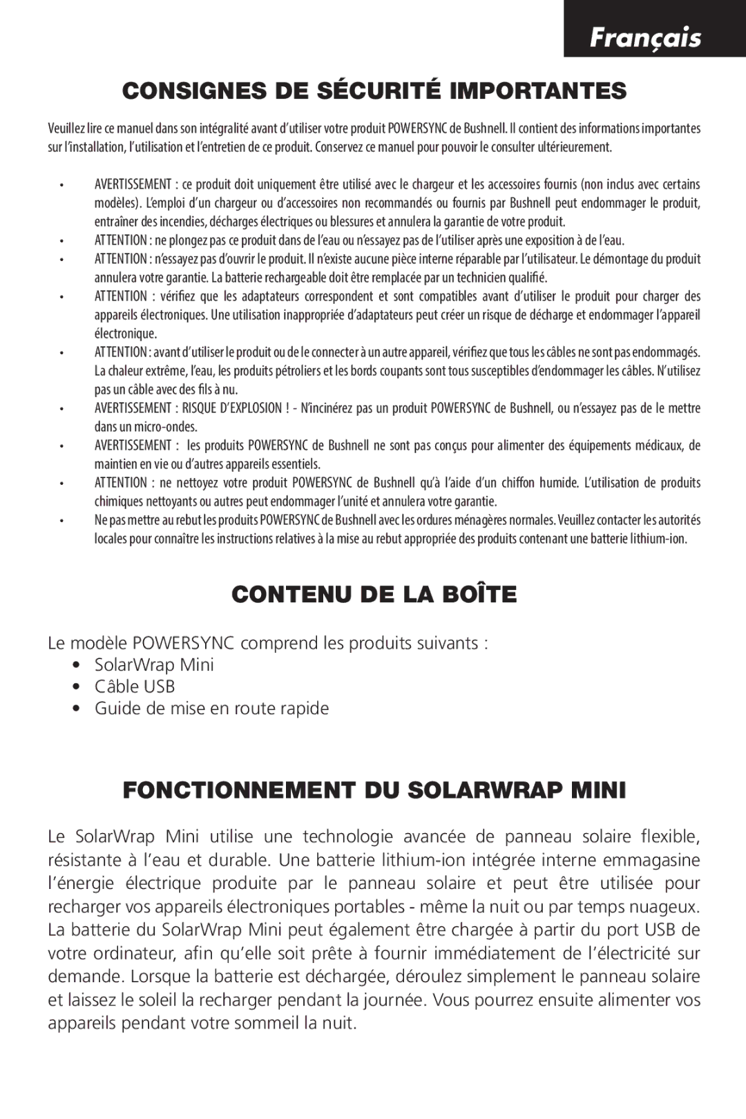 Bushnell PP1010BG Français, Consignes DE Sécurité Importantes, Contenu DE LA Boîte, Fonctionnement DU Solarwrap Mini 