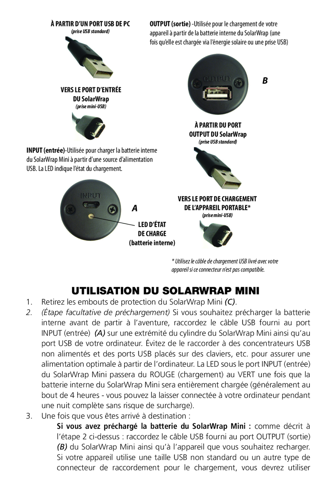 Bushnell PP1010BG quick start Utilisation DU Solarwrap Mini, Vers LE Port D’ENTRÉE, Partir DU Port 