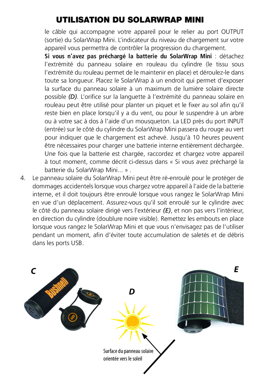 Bushnell PP1010BG quick start Surface du panneau solaire orientée vers le soleil 