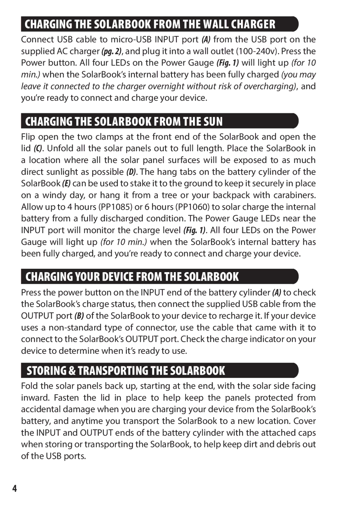 Bushnell PP1085, PP1060 quick start Storing & Transporting the Solarbook 