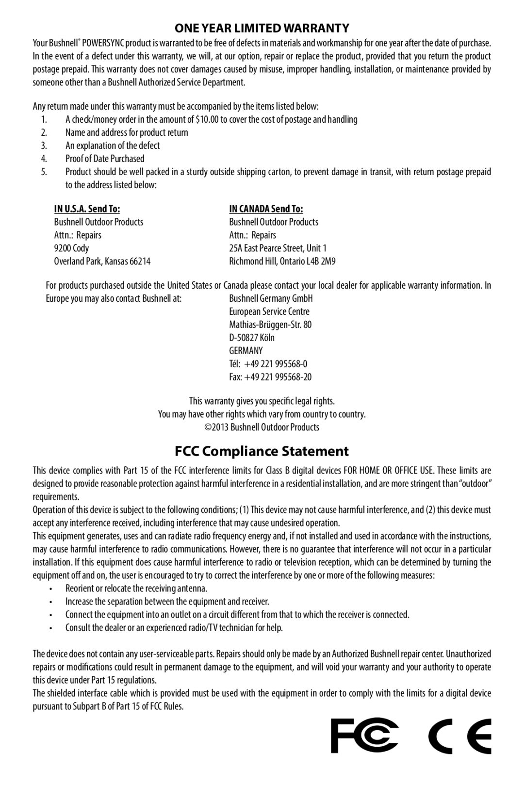 Bushnell PP1060, PP1085 quick start Bushnell Outdoor Products, Attn. Repairs Cody, Overland Park, Kansas 