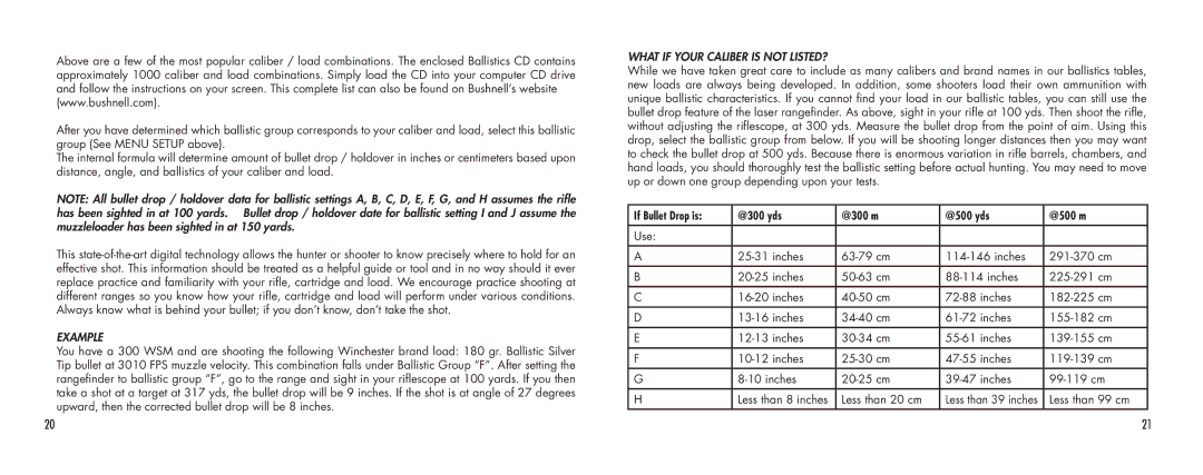 Bushnell SCOUT1000 manual Example, What if your caliber is not listed? 